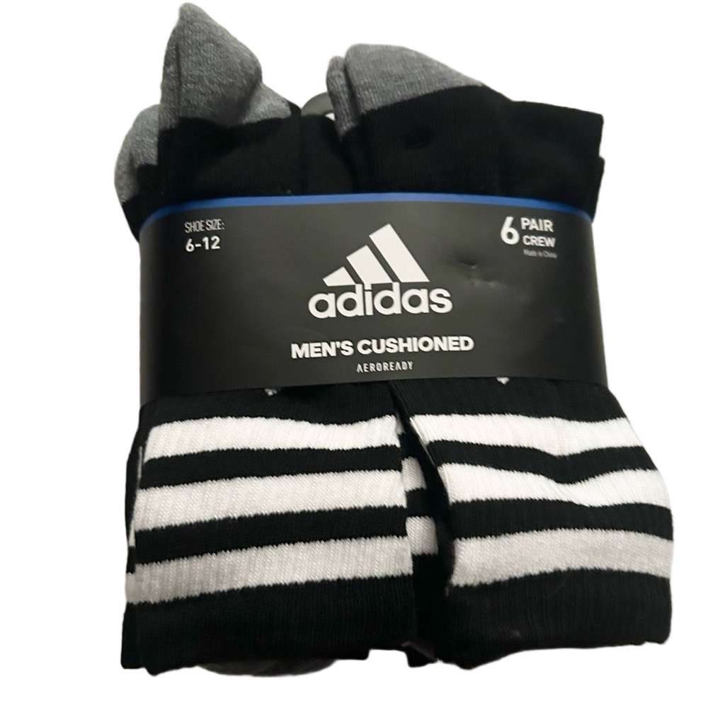 Adidas Men’s 6 Pack Cushion Crew Socks Black White Shoe Size 6-12